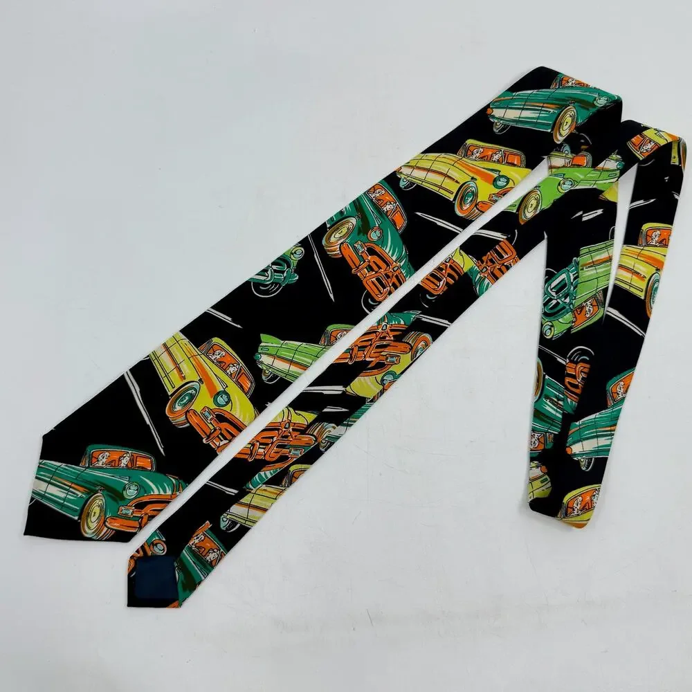 Vintage REINE SEIDE Classic Car Print Black Silk Neck Tie